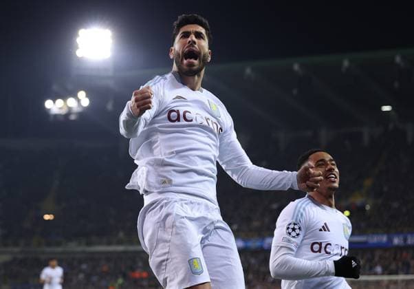 Brugge, Belgium, 4th March 2025. Marco Asensio of Aston Villa celebrates after scoring to make it 3-1 during the UEFA Champions League match Club Brugge vs Aston Villa at Jan Breydel Stadium, Brugge. Picture credit should read: Paul Terry Sportimage EDITORIAL USE ONLY. No use with unauthorised audio, video, data, fixture lists, club league logos or live services. Online in-match use limited to 120 images, no video emulation. No use in betting, games or single club league player publications. SPI_053_PT_Brugge_Aston_Villa SPI-3725-0048
