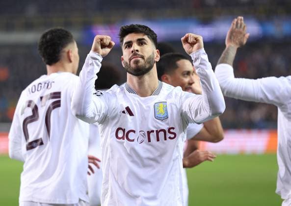 Brugge, Belgium, 4th March 2025. Marco Asensio of Aston Villa celebrates after scoring to make it 3-1 during the UEFA Champions League match Club Brugge vs Aston Villa at Jan Breydel Stadium, Brugge. Picture credit should read: Paul Terry Sportimage EDITORIAL USE ONLY. No use with unauthorised audio, video, data, fixture lists, club league logos or live services. Online in-match use limited to 120 images, no video emulation. No use in betting, games or single club league player publications. SPI_057_PT_Brugge_Aston_Villa SPI-3725-0052