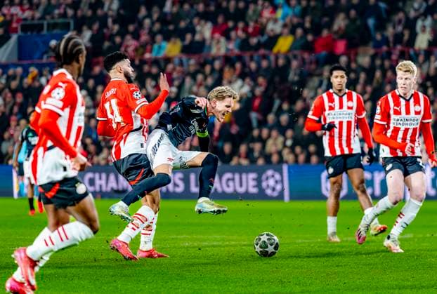 PSV Eindhoven midfielder Ismael Saibari, Arsenal midfielder Martin Odegaard during the match PSV Arsenal at the Philips stadium for the UEFA Champions League Round of 16 1st leg season 2024 2025 in EINDHOVEN, Netherlands on 4 march 2025, photo by Marcel van Dorst EYE4images DeFodi Images