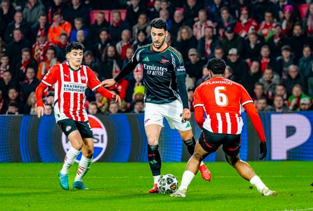 Arsenal midfielder Mikel Merino during the match PSV Arsenal at the Philips stadium for the UEFA Champions League Round of 16 1st leg season 2024 2025 in EINDHOVEN, Netherlands on 4 march 2025, photo by Marcel van Dorst EYE4images DeFodi Images