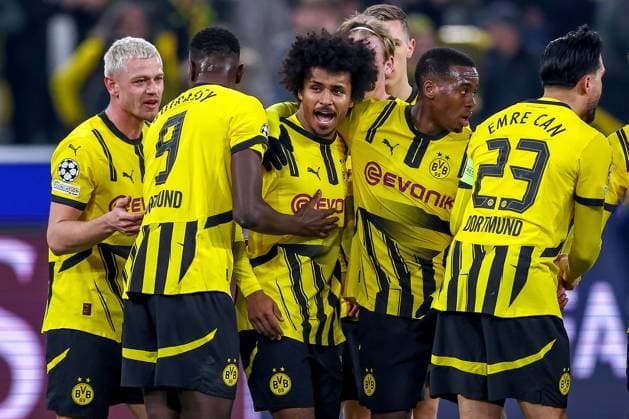 04 03 2025, Football, UEFA Champions League, Borussia Dortmund OSC Lille, Signal Iduna Park, Round of 16, Season 2024 2025 Goal celebration after the 1 0 by scorer Karim Adeyemi BVB 27 North Rhine-Westphalia Germany