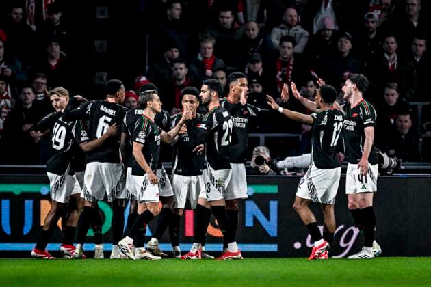 Arsenal midfielder Ethan Nwaneri celebrating the goal 0 2, during the match PSV Arsenal at the Philips stadium for the UEFA Champions League Round of 16 1st leg season 2024 2025 in EINDHOVEN, Netherlands on 4 march 2025, photo by Stefan Koops EYE4images DeFodi Images