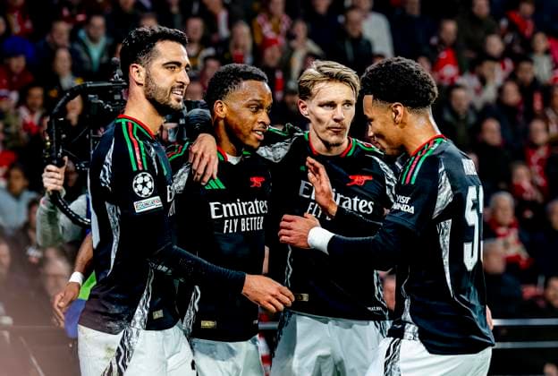 Arsenal defender Jurrien Timber scores the 0 1 and celebrating the goal during the match PSV Arsenal at the Philips stadium for the UEFA Champions League Round of 16 1st leg season 2024 2025 in EINDHOVEN, Netherlands on 4 march 2025, photo by Marcel van Dorst EYE4images DeFodi Images
