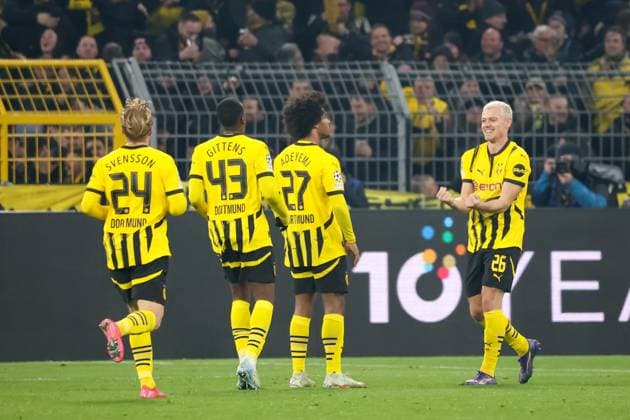 Goal celebration for 1 0 by Karim Adeyemi Borussia Dortmund, 27 GER, Borussia Dortmund v LOSC Lille, Football, Champions League, round of 16, 2024 2025 season, 04 03 2025 GER, Borussia Dortmund v LOSC Lille, Football, Champions League, round of 16, 2024 2025 season, 04 03 2025 Dortmund Copyright: xEibner-Pressefoto FrankxZeisingx EP_FZG