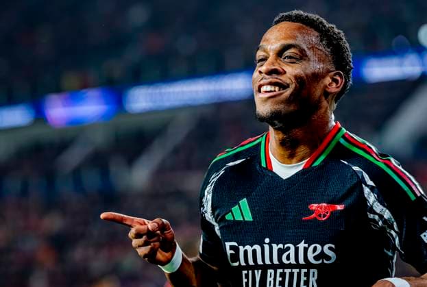 Arsenal defender Jurrien Timber scores the 0 1 and celebrating the goal during the match PSV Arsenal at the Philips stadium for the UEFA Champions League Round of 16 1st leg season 2024 2025 in EINDHOVEN, Netherlands on 4 march 2025, photo by Marcel van Dorst EYE4images DeFodi Images
