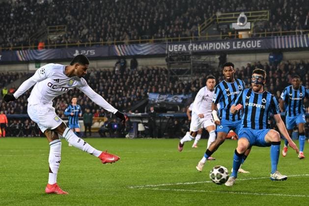 BRUGGE - Marcus Rashford of Aston Villa FC tries to score during the UEFA Champions League match between Club Brugge and Aston Villa FC at the Jan Breydel Stadium on March 4, 2025 in Brugge, Belgi . ANP Hollandse Hoogte UEFA Champions League 2024 25 Round of 16 First leg 2024 25 xVIxANPxSportx xGerritxvanxKeulenxIVx 521567438 originalFilename: 521567438.jpg