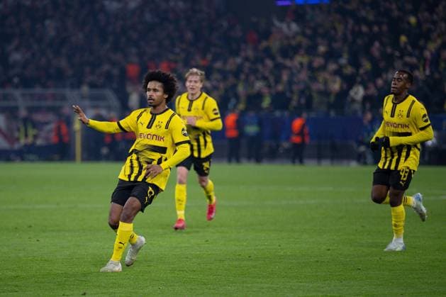 04 03 2025, Football UEFA Champions League 2024 2025, Round of 16, Borussia Dortmund Lille OSC, at Signal Iduna Park, Karim Adeyemi Borussia Dortmund celebrates the goal for 1 0, Jamie Gittens Borussia Dortmund DFL and DFB regulations prohibit any use of photographs as image sequences and or quasi video