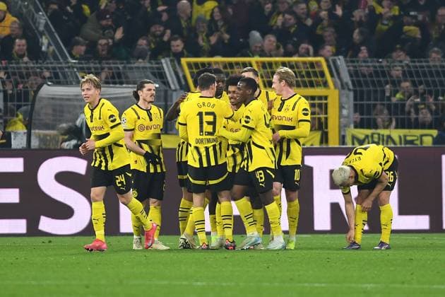 Karim Adeyemi Borussia Dortmund celebrates after scoring his team™s first goal with teammates during the UEFA Champions League 2024 25 Round of 16 First Leg match between Borussia Dortmund and LOSC Lille at Signal Iduna Park on March 4, 2025 in Dortmund, Germany Photo by Ralf Treese DeFodi Images