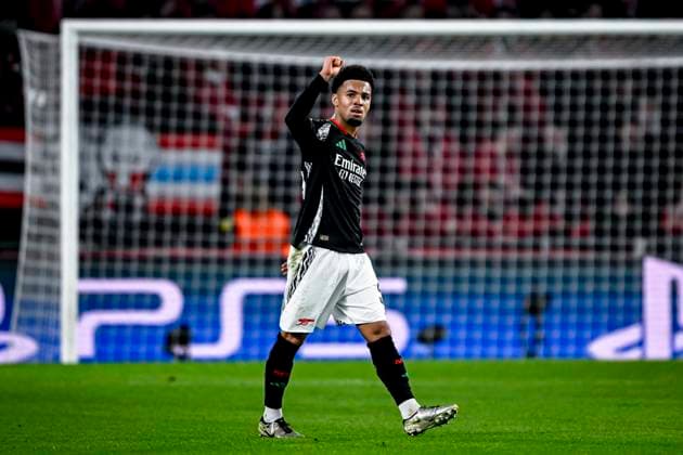 Arsenal midfielder Ethan Nwaneri celebrating the goal 0 2, during the match PSV Arsenal at the Philips stadium for the UEFA Champions League Round of 16 1st leg season 2024 2025 in EINDHOVEN, Netherlands on 4 march 2025, photo by Stefan Koops EYE4images DeFodi Images
