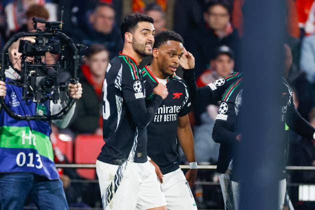 Jurrien Timber Arsenal FC celebrating his first goal with Mikel Merino Arsenal FC , UEFA Champions League 2024 25 Round of 16 First Leg, PSV Eindhoven v Arsenal FC, Philips Stadion, March 4, 2025, Eindhoven, Netherlands.