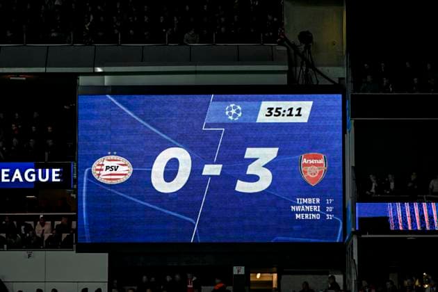 Score after 35 min, during the match PSV Arsenal at the Philips stadium for the UEFA Champions League Round of 16 1st leg season 2024 2025 in EINDHOVEN, Netherlands on 4 march 2025, photo by Stefan Koops EYE4images DeFodi Images