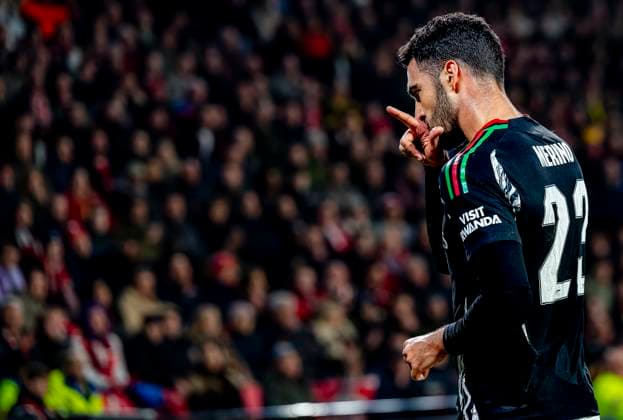 Arsenal midfielder Mikel Merino celebrating the goal during the match PSV Arsenal at the Philips stadium for the UEFA Champions League Round of 16 1st leg season 2024 2025 in EINDHOVEN, Netherlands on 4 march 2025, photo by Marcel van Dorst EYE4images DeFodi Images