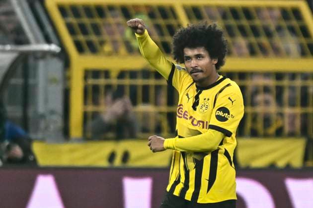Karim Adeyemi Dortmund 27 celebrates after scoring 1 0 04 03 2025 Football, Champions League, Borussia Dortmund vs Lille OSC, Signal Iduna Park, Dortmund, Copyright: xpepphotox xHorstxMauelshagenx pep00321, pep_20250304_hm_6997