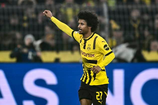 Karim Adeyemi Dortmund 27 celebrates after scoring 1 0 04 03 2025 Football, Champions League, Borussia Dortmund vs Lille OSC, Signal Iduna Park, Dortmund, Copyright: xpepphotox xHorstxMauelshagenx pep00321, pep_20250304_hm_7013