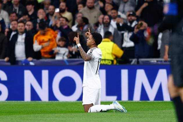 March 4, 2025, Madrid, Madrid, SPAIN: Rodrygo Goes of Real Madrid celebrates a goal during the UEFA Champions League 2024 25 League Round of 16 First Leg match between Real Madrid CF and Atletico de Madrid, at Santiago Bernabeu stadium on March 04, 2025, in Madrid, Spain. Madrid SPAIN - ZUMAa181 20250304_zaa_a181_055 Copyright: xDennisxAgyemanx
