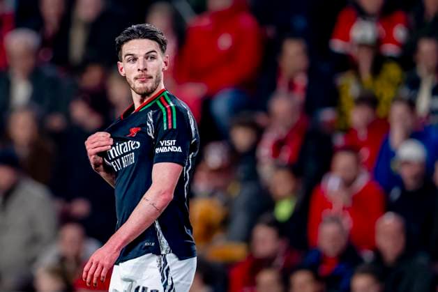 Arsenal midfielder Declan Rice during the match PSV Arsenal at the Philips stadium for the UEFA Champions League Round of 16 1st leg season 2024 2025 in EINDHOVEN, Netherlands on 4 march 2025, photo by Marcel van Dorst EYE4images DeFodi Images