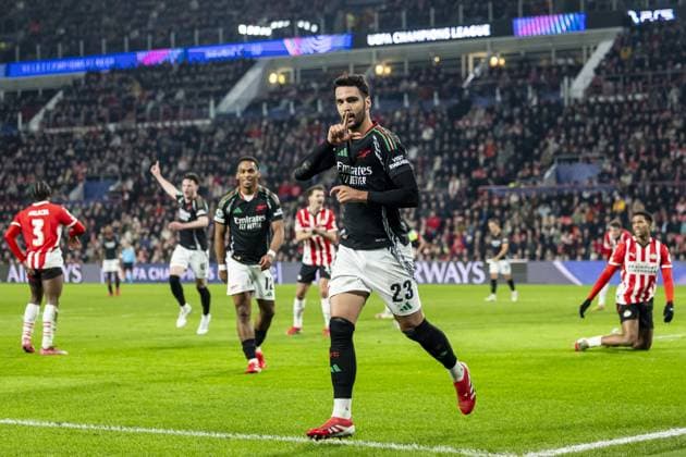 EINDHOVEN - Mikel Merino of Arsenal FC celebrates 0-3 during the UEFA Champions league match between PSV Eindhoven and Arsenal FC at Phillips Stadium on March 4, 2025 in Eindhoven, Netherlands. ANP ROBIN VAN LONKHUIJSEN UEFA Champions League 2024 25 Round of 16 First leg 2024 25 xVIxANPxSportx xxANPxIVx 521569080 originalFilename: 521569080.jpg