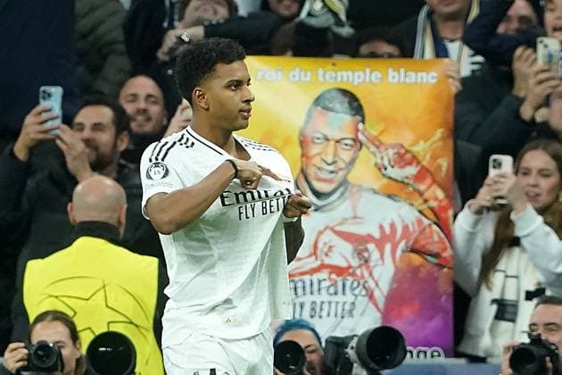 REAL MADRID CF v ATLETICO DE MADRID. CHAMPIONS LEAGUE 2024 2025. ROUND OF 16. 1ST LEG MATCH. Real Madrid CF s Rodrygo Goes celebrates goal during Champions League 2024 2025 Round of 16 1st leg match. March 4,2025. (ALTERPHOTOS Acero) MadridSpain  Copyright: xAcerox