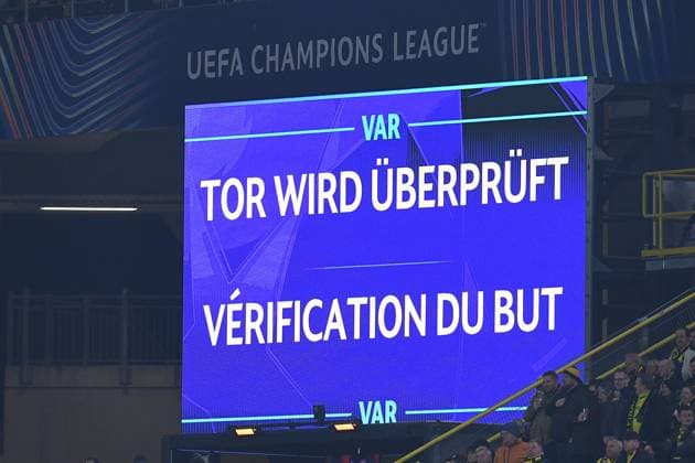Soccer Champions League round of 16 Borussia Dortmund Lille OSC on 04 03 2025 at Signal Iduna Park in Dortmund The scoreboard at Signal Iduna Park shows VAR Video Assist Video evidence xRx