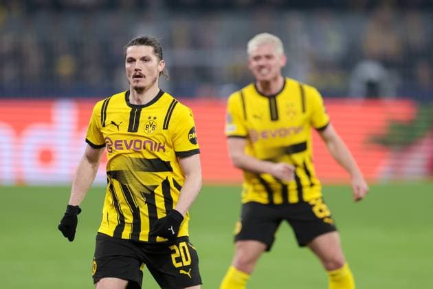04 03 2025, UEFA Champions League, round of 16, Borussia Dortmund Lille OSC, f l Marcel Sabitzer Borussia Dortmund , Julian Ryerson Borussia Dortmund , Dortmund Signal Iduna Park NRW Germany xRHR PHOTO DEx Copyright: DennisxEwert RHR-FOTOx RHR-FOTO DE