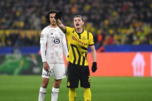 Marcel Sabitzer Borussia Dortmund gestures during the UEFA Champions League 2024 25 Round of 16 First Leg match between Borussia Dortmund and LOSC Lille at Signal Iduna Park on March 4, 2025 in Dortmund, Germany Photo by Ralf Treese DeFodi Images