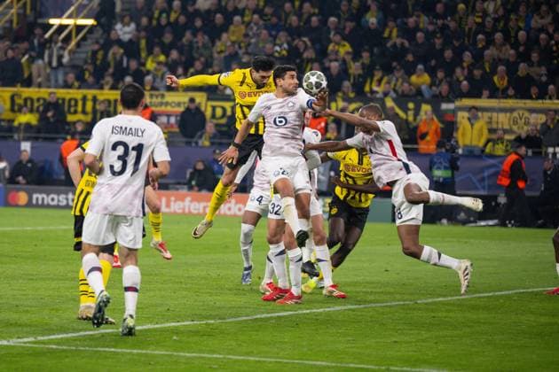 04 03 2025, Football UEFA Champions League 2024 2025, Round of 16, Borussia Dortmund Lille OSC, at Signal Iduna Park, Emre Can header Borussia Dortmund was disallowed, DFL and DFB regulations prohibit any use of photographs as image sequences and or quasi video