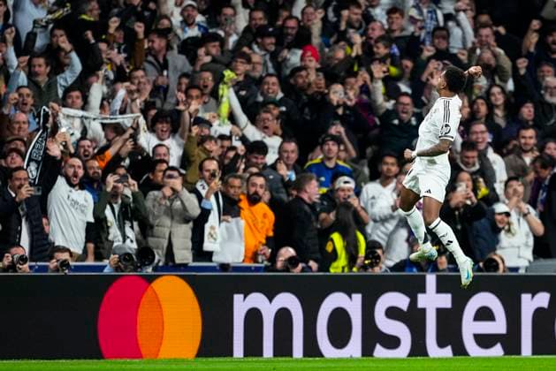 March 4, 2025, Madrid, Madrid, SPAIN: Rodrygo Goes of Real Madrid celebrates a goal during the UEFA Champions League 2024 25 League Round of 16 First Leg match between Real Madrid CF and Atletico de Madrid, at Santiago Bernabeu stadium on March 04, 2025, in Madrid, Spain. Madrid SPAIN - ZUMAa181 20250304_zaa_a181_061 Copyright: xOscarxJ.xBarrosox