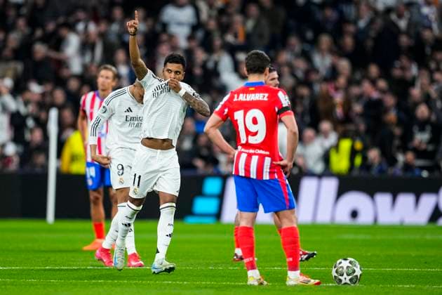 March 4, 2025, Madrid, Madrid, SPAIN: Rodrygo Goes of Real Madrid celebrates a goal during the UEFA Champions League 2024 25 League Round of 16 First Leg match between Real Madrid CF and Atletico de Madrid, at Santiago Bernabeu stadium on March 04, 2025, in Madrid, Spain. Madrid SPAIN - ZUMAa181 20250304_zaa_a181_068 Copyright: xOscarxJ.xBarrosox