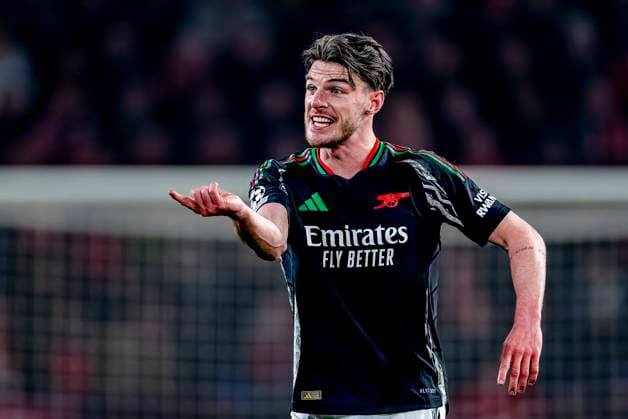 Arsenal midfielder Declan Rice during the match PSV Arsenal at the Philips stadium for the UEFA Champions League Round of 16 1st leg season 2024 2025 in EINDHOVEN, Netherlands on 4 march 2025, photo by Marcel van Dorst EYE4images DeFodi Images