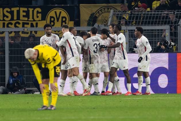 GER, UEFA Champions League, Borussia Dortmund vs. OSC Lille 04 03 2025, Signal Iduna Park, Dortmund, GER, UEFA Champions League, Borussia Dortmund vs. OSC Lille In the picture Goal celebrations for the 1 1 goal by Hakon Hakon Arnar Haraldsson OSC Lille, 7 Ethan Mbappà Mbappe OSC Lille, 29 Jonathan David OSC Lille, 9 Ismaily OSC Lille, 31 nordphotoxGmbHxx xChristianxSchulze nph000300