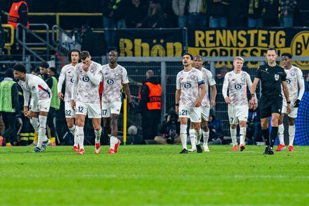 04 03 2025, Borussia Dortmund v OSC Lille, UEFA Champions League, round of 16, first leg Goal for 1 1 by Hakon Arnar Haraldsson OSC Lille, 7 Thomas Meunier OSC Lille, 12 Ayyoub Bouaddi OSC Lille, 32 Ngalayel Mukau OSC Lille, 17 Benjamin Andre OSC Lille, 21 Bafode Diakite OSC Lille, 18 Copyright: xBahhoxKarax
