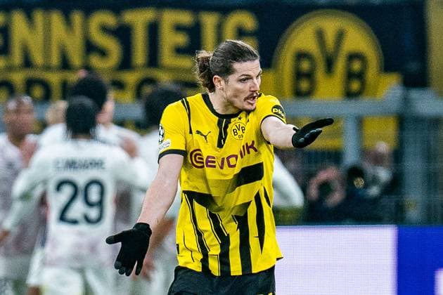 04 03 2025, Borussia Dortmund v OSC Lille, UEFA Champions League, round of 16, first leg Goal for 1 1 by Hakon Arnar Haraldsson OSC Lille, 7 here Marcel Sabitzer Borussia Dortmund, 20 Nico Schlotterbeck Borussia Dortmund, 4 Copyright: xBahhoxKarax