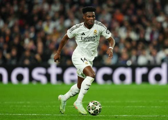 ESP: Real Madrid v Atletico de Madrid. UEFA Champions League match. Round of 16. Fist Leg. Aurelien Tchouameni of Real Madrid during the UEFA Champions League match, Round of 16, first leg, between Real Madrid and Atletico de Madrid played at Santiago Bernabeu Stadium on March 4, 2025 in Madrid Spain. kpng Copyright: xBaguxBlancox xPRESSINPHOTOx PS_250304_UCL_RMA_ATL_044