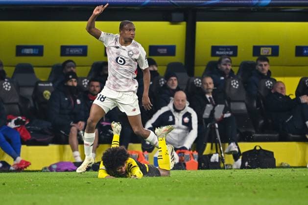 04 03 2025, Football UEFA Champions League 2024 2025, Round of 16, Borussia Dortmund Lille OSC, at Signal Iduna Park, Karim Adeyemi Borussia Dortmund , BafodÃ DiakitÃ OSC Lille DFL and DFB regulations prohibit any use of photographs as image sequences and or quasi video