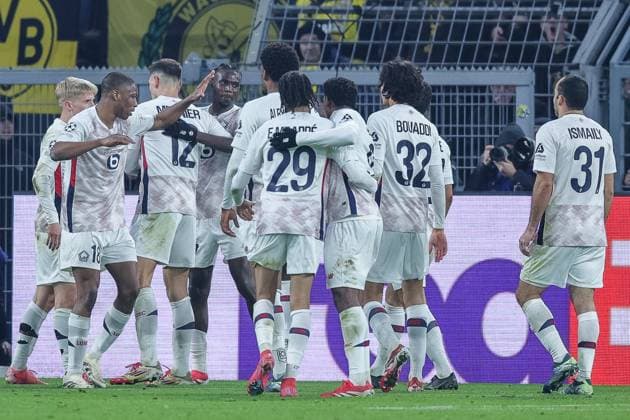 Soccer Champions League round of 16 Borussia Dortmund Lille OSC on 04 03 2025 at Signal Iduna Park in Dortmund Goal celebration to 1 1 by Hakon Arnar Haraldsson Lille xJRx