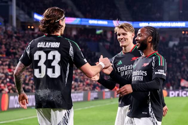 2025-03-04 PSV v Arsenal FC - UEFA Champions League 2024 25 Round of 16 First Leg EINDHOVEN, NETHERLANDS - MARCH 4: Riccardo Calafiori of Arsenal FC celebrates after scoring his teams seventh goal, Martin Odegaard of Arsenal FC, Raheen Sterling of Arsenal FC during the UEFA Champions League 2024 25 Round of 16 First Leg match between PSV and Arsenal FC at PSV Stadion on March 4, 2025 in Eindhoven, Netherlands. Eindhoven PSV Stadion Netherlands Content not available for redistribution in The Netherlands directly or indirectly through any third parties. Copyright: xBenxGalx