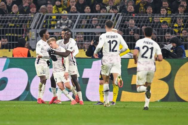 04 03 2025, Football UEFA Champions League 2024 2025, Round of 16, Borussia Dortmund Lille OSC, at Signal Iduna Park, Hakon Haraldsson OSC Lille celebrates the goal for 1 1, DFL and DFB regulations prohibit any use of photographs as image sequences and or quasi video