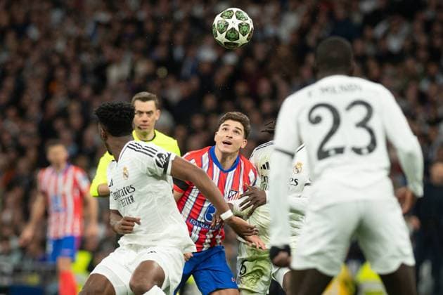 UEFA Champions League soccer match Real Madrid vs Atletico de Madrid at Santiago Bernabeu Stadium in Madrid, Spain, 04 March 2025 Julian Alvarez and Tchouameni 900 Cordon Press  900 CordonxPress LOF - UEFA Champions League Real Madrid vs Atletico de Madrid