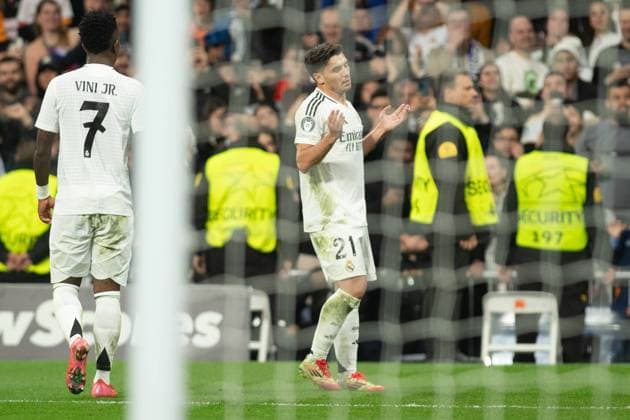 UEFA Champions League soccer match Real Madrid vs Atletico de Madrid at Santiago Bernabeu Stadium in Madrid, Spain, 04 March 2025 Brahim Diaz celebrates a goal 900 Cordon Press  900 CordonxPress LOF - UEFA Champions League Real Madrid vs Atletico de Madrid