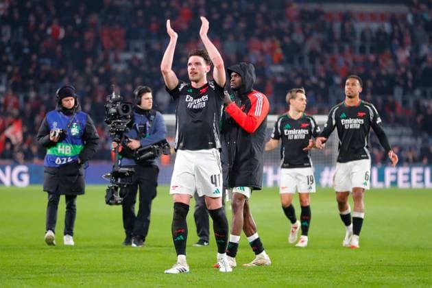 EINDHOVEN, 04-03-2025, Philips Stadium, UEFA Champions League, round of 16 1st leg, season 2024 25, match between PSV and Arsenal, Arsenal player Declan Rice celebrating the 1-7 win PSV - Arsenal  x28170806x Copyright: