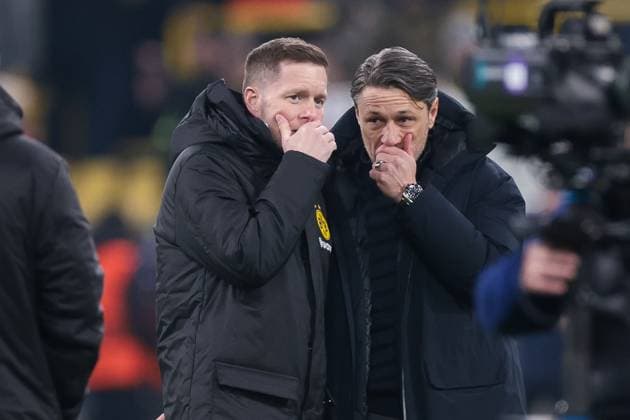 04 03 2025, UEFA Champions League, round of 16, Borussia Dortmund Lille OSC, v l Video analyst Steve Rands Borussia Dortmund talks to coach Niko Kovac Borussia Dortmund , Dortmund Signal Iduna Park NRW Germany xRHR PHOTO DEx Copyright: DennisxEwert RHR-FOTOx RHR-FOTO DE