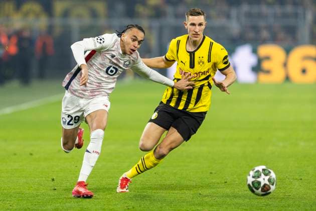 UEFA Champions League, Borussia Dortmund LOSC Lille 04 03 2025 Ethan Mbappe LOSC Lille, 29 , Nico Schlotterbeck Borussia Dortmund, 4 UEFA Champions League, Borussia Dortmund LOSC Lille, first leg round of 16, on 04 03 2025, Signal Iduna Park, Dortmund Copyright: xBEAUTIFULxSPORTS Meuselx