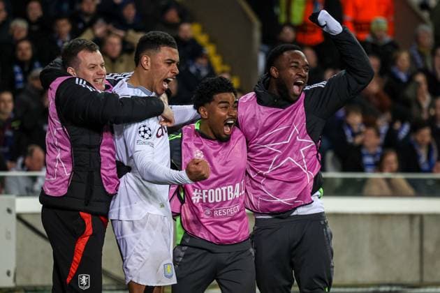 Bruges,Belgium,March 4th,2025: Rogers (27 Aston Villa) in action celebrating during the UEFA Champions League football match between Club Brugge vs Aston Villa at Jan Breydelstadion,Bruges on March 4th, 2025 (Joao Bravo SPP) Copyright: xJoaoxBravoxx xSPPx spp-en-JoBr-JBF-7650