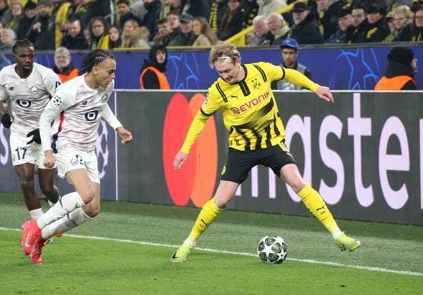 04 03 2025, xgrfx, Football UEFA Champions League, Borussia Dortmund Lille OSC v l Ethan Mbappe Lille OSC , Julian Brandt Borussia Dortmund DFL DFB REGULATIONS PROHIBIT ANY USE OF PHOTOGRAPHS as IMAGE SEQUENCES and or QUASI VIDEO Dortmund