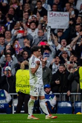 Real Madrid CF vs Atletico de Madrid - UEFA Champions League 2024 25 Round of 16 First Leg Brahim Diaz of Real Madrid CF celebrates his goal during the UEFA Champions League 2024 25 Round of 16 first leg match between Real Madrid C.F. and Atletico de Madrid at Estadio Santiago Bernabeu on March 4, 2025 in Madrid, Spain. Madrid Estadio Santiago Bernabeu Madrid Spain Copyright: xAlbertoxGardinx AGardin_20250304_Football_Champions_Real_Madrid_Atletico_Madrid_0489