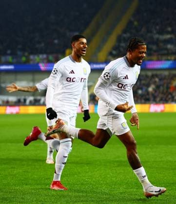 Leon Bailey of Aston Villa celebrates scoring a goal after making the score 0-1. Club Brugge v Aston Villa, UEFA Champions League, Round of 16, First Leg, Football, Jan Breydel Stadium, Brugge, Belgium - 04 Mar 2025 EDITORIAL USE ONLY No use with unauthorised audio, video, data, fixture lists, club league logos or live services. Online in-match use limited to 120 images, no video emulation. No use in betting, games or single club league player publications.  Copyright: xJamesxMarsh Shutterstockx 15176976di