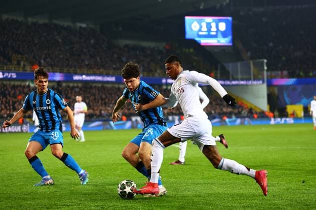 Kyriani Sabbe of Club Brugge and Marcus Rashford of Aston Villa. Club Brugge v Aston Villa, UEFA Champions League, Round of 16, First Leg, Football, Jan Breydel Stadium, Brugge, Belgium - 04 Mar 2025 EDITORIAL USE ONLY No use with unauthorised audio, video, data, fixture lists, club league logos or live services. Online in-match use limited to 120 images, no video emulation. No use in betting, games or single club league player publications.  Copyright: xJamesxMarsh Shutterstockx 15176976dj