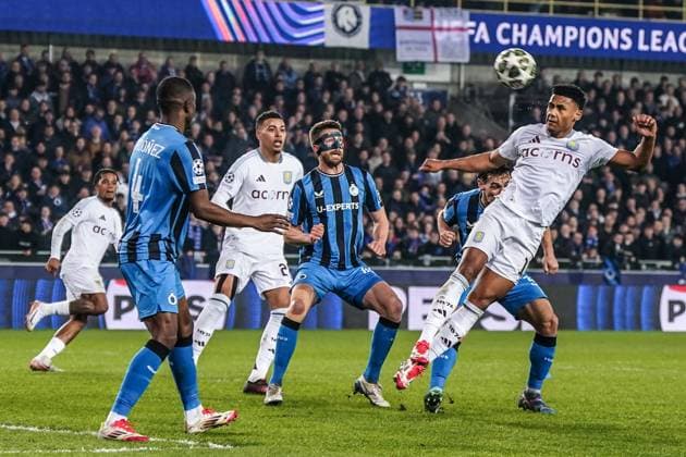 (250305) -- BRUGES, March 5, 2025 -- Ollie Watkins (Top R) of Aston Villa competes during the UEFA Champions League round of 16 match between Club Brugge and Aston Villa FC at the Jan Breydel Stadium in Bruges, on March 4, 2025. ) (SP)BELGIUM-BRUGES-FOOTBALL-UEFA CHAMPIONS LEAGUE-BRUGGE VS ASTON VILLA PengxZiyang 