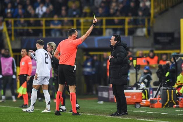 (250305) -- BRUGES, March 5, 2025 -- Unai Emery (1st R), head coach of Aston Villa, receives a yellow card from referee Joao Pinheiro during the UEFA Champions League round of 16 match between Club Brugge and Aston Villa FC at the Jan Breydel Stadium in Bruges, on March 4, 2025. ) (SP)BELGIUM-BRUGES-FOOTBALL-UEFA CHAMPIONS LEAGUE-BRUGGE VS ASTON VILLA PengxZiyang 