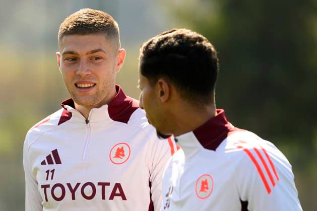 Artem Dovbyk of AS Roma attends a training session the day before the Europa League football match between AS Roma and Athletic Bilbao at Centro Sportivo Fulvio Bernardini in Rome (Italy), March 5, 2025. AndreaxStaccioli